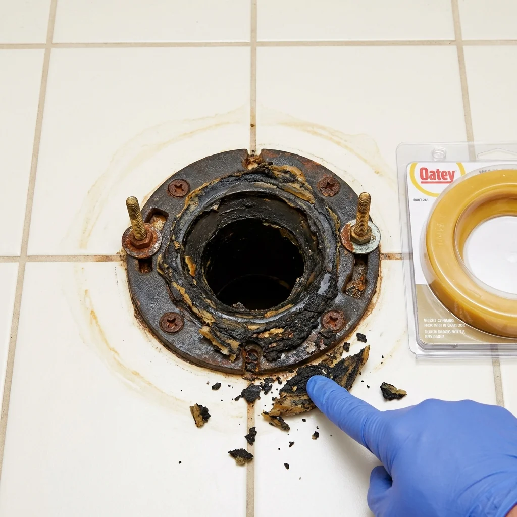 Failed wax ring showing water seepage at the base of a toilet in a Adams, MA home