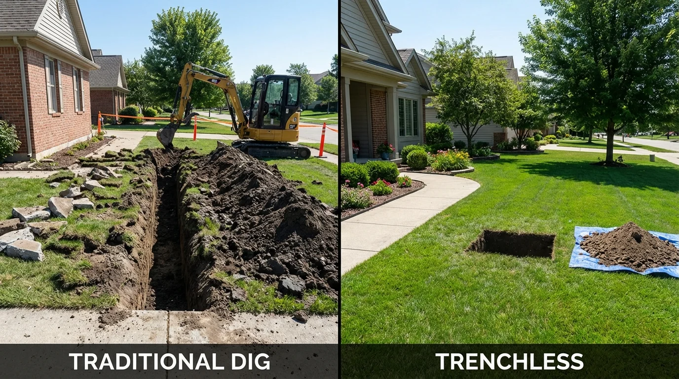 Trenchless sewer repair with minimal yard damage versus traditional excavation in Adams, MA