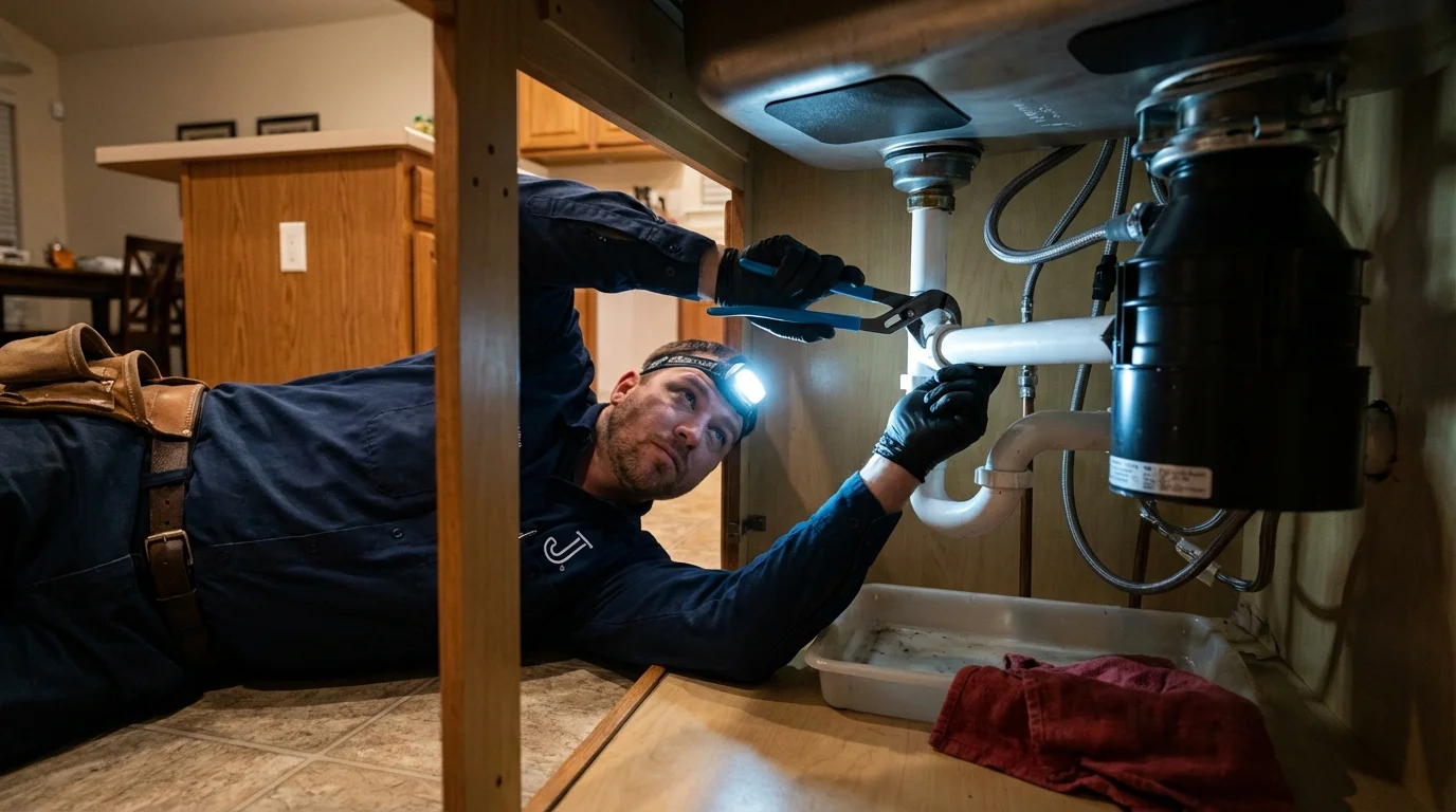P-trap and supply line connections under a kitchen sink showing a common leak point in Adams, MA